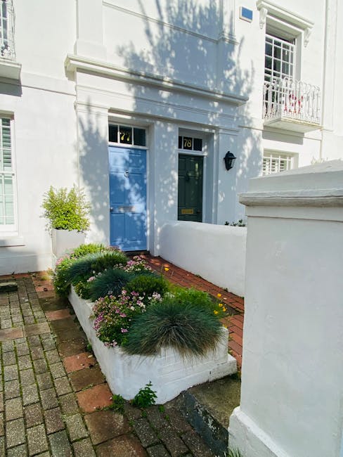 A white brick front garden of a residential property featuring a black front door with a silver door handle, mail slot, and house number '43' displayed above. To the left of the door, a window with white framing and multiple panes is partially obscured by a climbing plant with light green, needle-like leaves. The plant extends upwards, wrapping around small black decorative balcony railings above the window, and spreads across the wall, creating a natural vertical landscape. The garden area has a paved pathway leading to the steps of the entrance, with a black metal railing bordering the steps. The steps are made of concrete or stone, leading directly to the porch. The overall scene is illuminated with soft, natural daylight, highlighting the textures of the foliage, the smoothness of the painted brick wall, and the neatness of the outdoor space. This image exemplifies thoughtful garden and exterior maintenance, contributing to the curb appeal and aesthetic of the property, and aligns with services offered by Gardeners Richmond, specialists in garden maintenance and landscaping work.